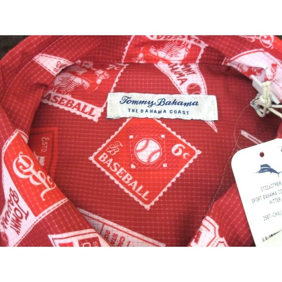 Tommy Bahama Men's SS Big Hitter Baseball Button Up Shirt Chili Pepper Red NWT - Picture 4 of 8
